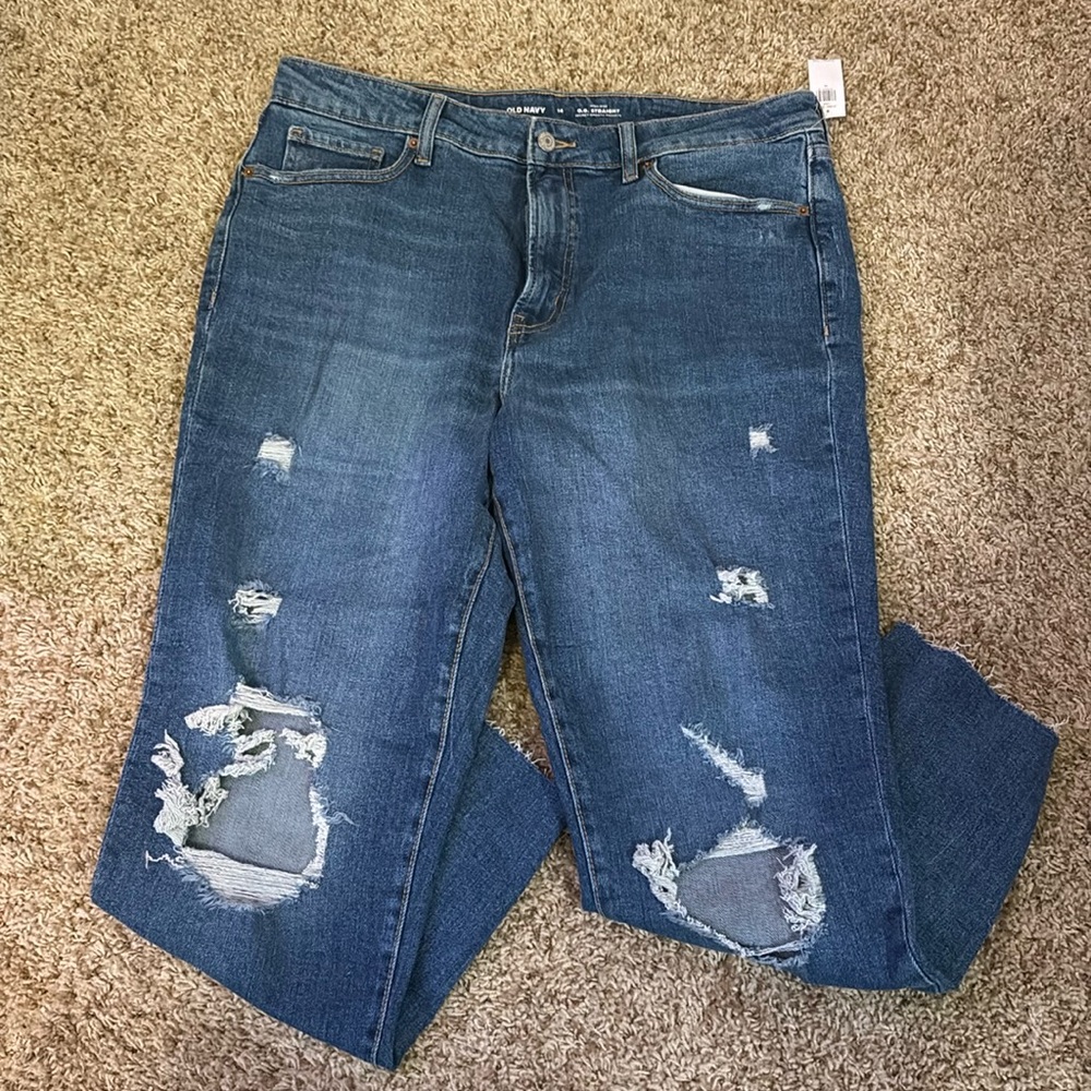 NWT Old Navy size 14 O.G. Straight high rise distressed frayed hem denim jeans